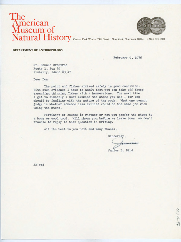 Typewritten letter from Junius Bird to confirm that the received the point and flakes that Crabtree had sent and asked him some questions about them.