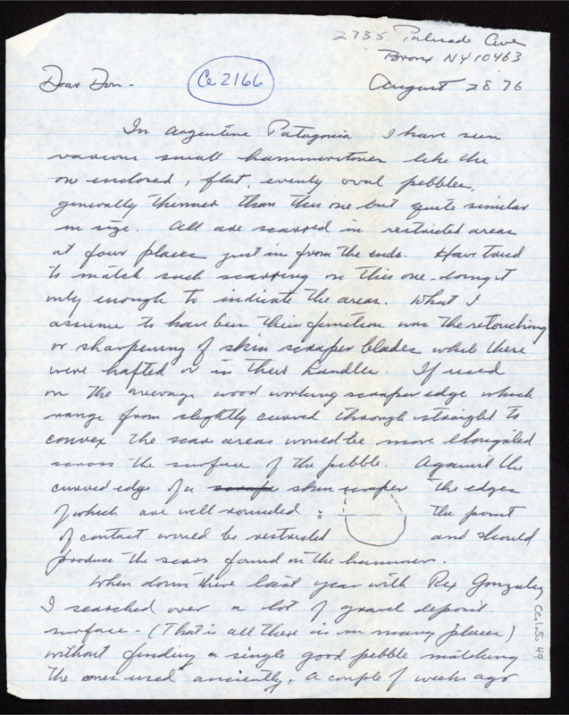 Handwritten letter from Junius Bird to Donald Crabtree regarding some artifacts he had found and described them.