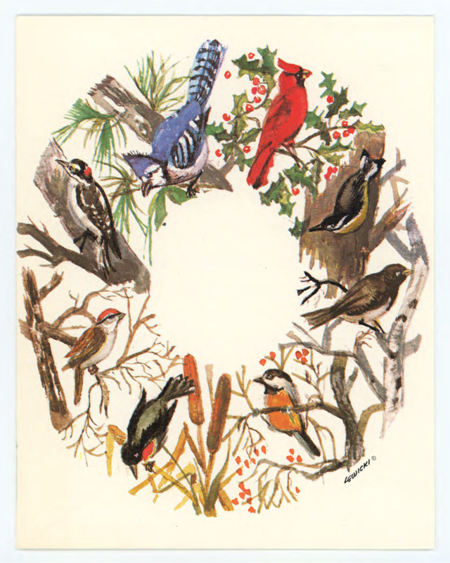 Holiday card from Junius and Peggy Bird. Front: art of bird on a wreath. Inside: signed from Junius and Peggy Bird under a printed holiday greeting.