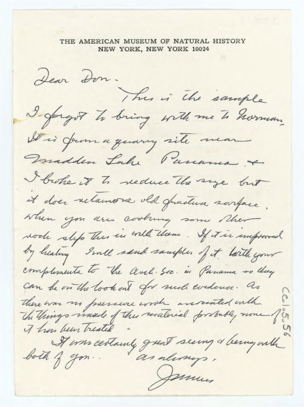 Handwritten letter from Junius Bird to Donald Crabtree where he informed Crabtree he was sending some samples he got from the Madden Lake excavation.