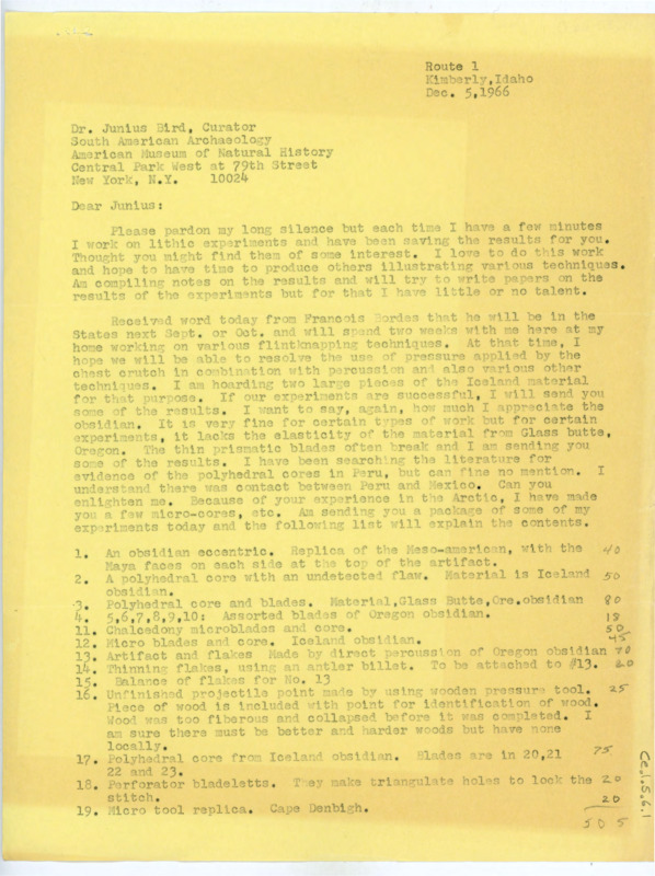 Typewritten letter from Donald Crabtree to Junius detailing his recent experiments and a list of the artifacts he sent to him and gave him an update on his paper.