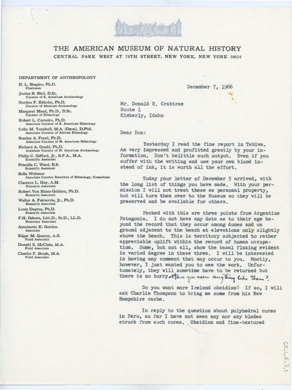 Typewritten letter from Junius Bird to Donald Crabtree thanking him for the artifacts and asking if he could turn them over to the American Museum. He sent him from points from Argentine Patagonia.