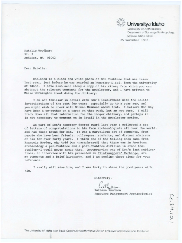 Typewritten letter from Ruthann Knudson to Natalie Woodbury detailing information regarding Donald Crabtree's work for a Newsletter after his passing.