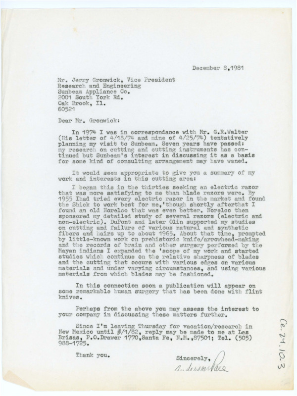 Typewritten letter from Anderson Pace to Jerry Gronwick regarding his research on materials used for cutting hair (ie. shaving products) and more recently focusing on surgeries where flint knapped knives were used.