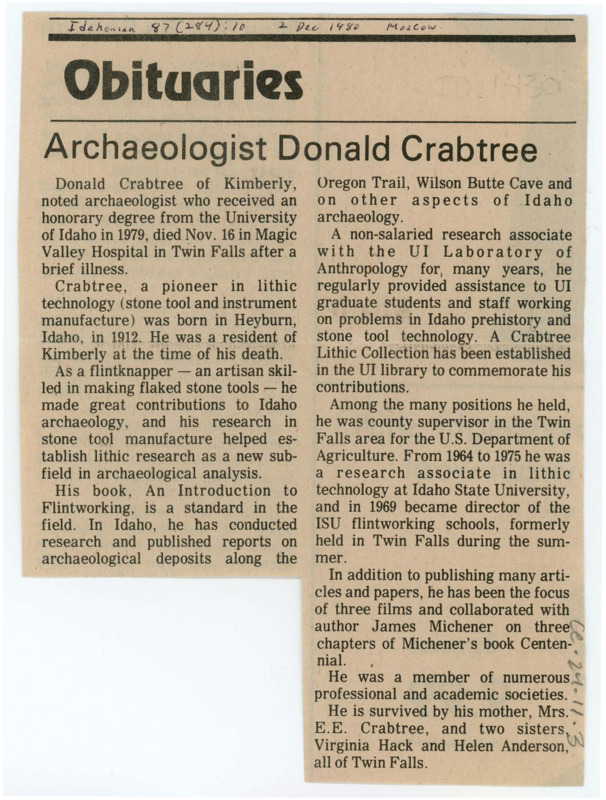 Typewritten obituary of Donald Crabtree featured in the Idahonian newspaper in Moscow, Idaho. It gives a short biography of Crabtree.