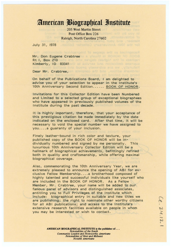 Typewritten letter from Janet Vickers to Donald Crabtree to appear in the Institute's Book of Honor. She requested a biography from Crabtree for the publication.