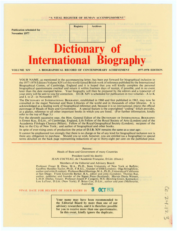 Questionnaire sheet for the Dictionary of International Biography. It has not been filled out.