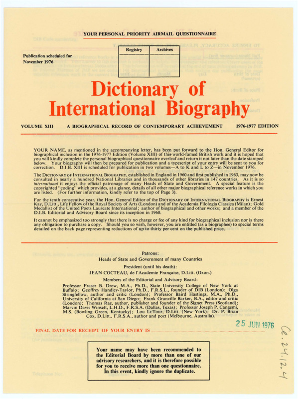 Questionnaire sheet for the Dictionary of International Biography. It has not been filled out.