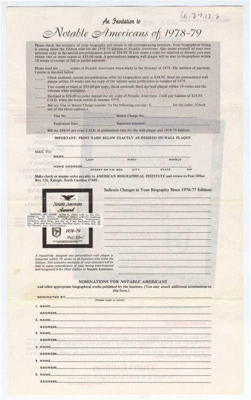 Blank fillable form for entry into the American Biological Institute's Notable Americans publication.