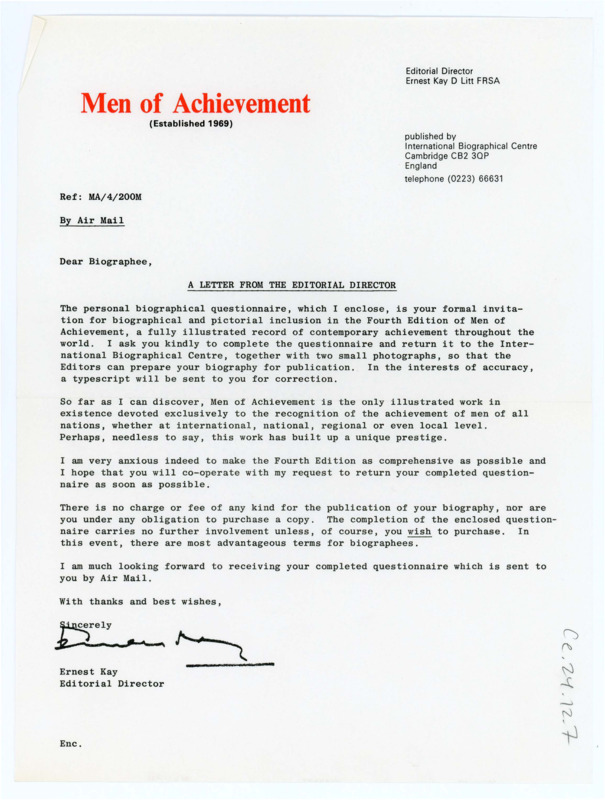 Typewritten letter from Ernest Kay to Donald Crabtree to request to feature him in the Fourth Edition of Men of Achievement. He requested two photos and a biography questionnaire to be filled out.