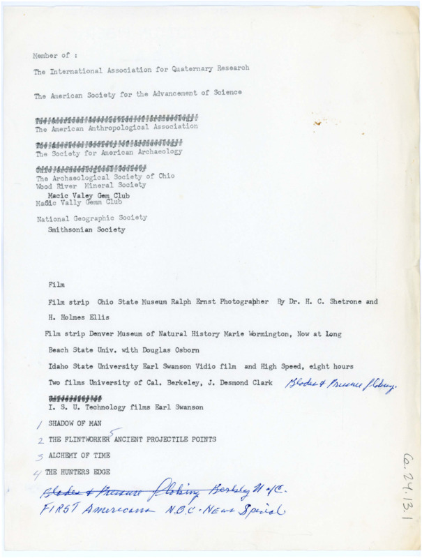 Typewritten list of Donald Crabtree's memberships and films, with some handwritten notes.