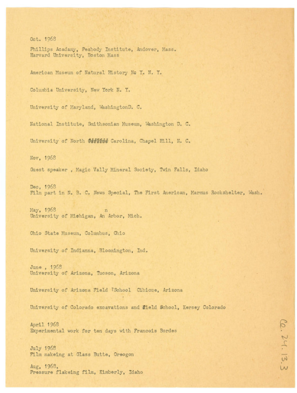 Typewritten list of Donald Crabtree's lectures, field schools, conferences, and film appearances.