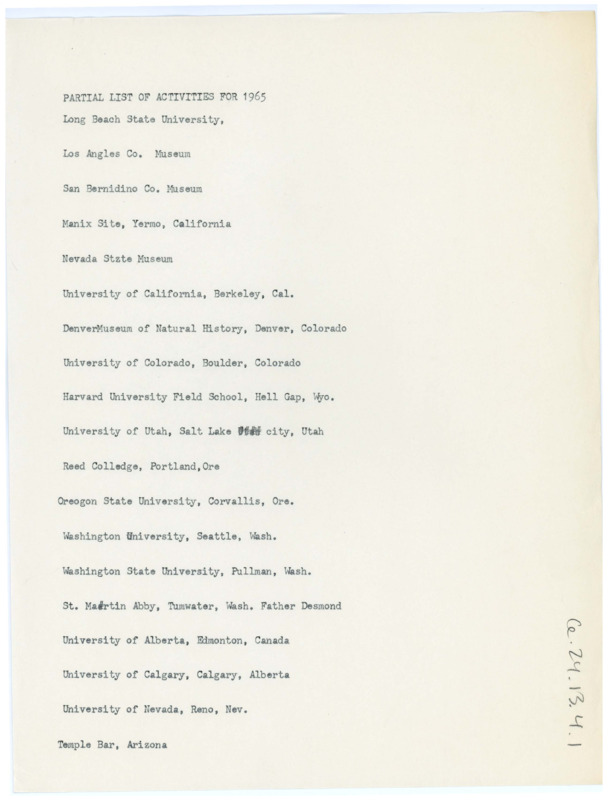 Typewritten list of activities for 1965. There are little details of what the activities are, but the locations are listed.