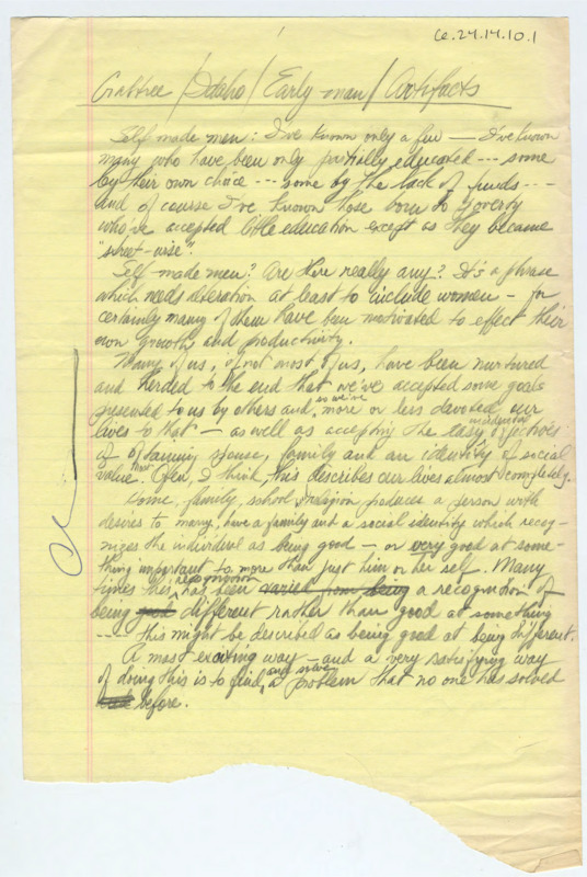 Handwritten notes detailing various aspects of Crabtree's life. It was probably written after his death to prepare obituaries and biographies.