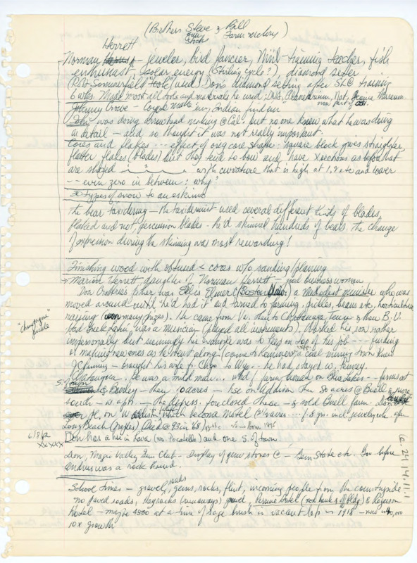 Handwritten notes with extensive details of Donald Crabtree's life and work.