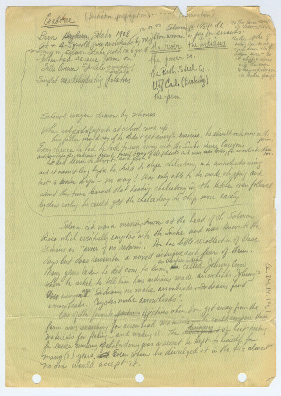 Handwritten notes detailing various aspects of Crabtree's life. It was probably written after his death to prepare obituaries and biographies. Written on the back of blank checks.