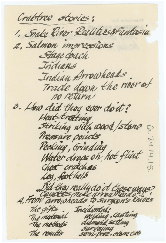 Handwritten list of "Crabtree Stories" organized in a particular order.