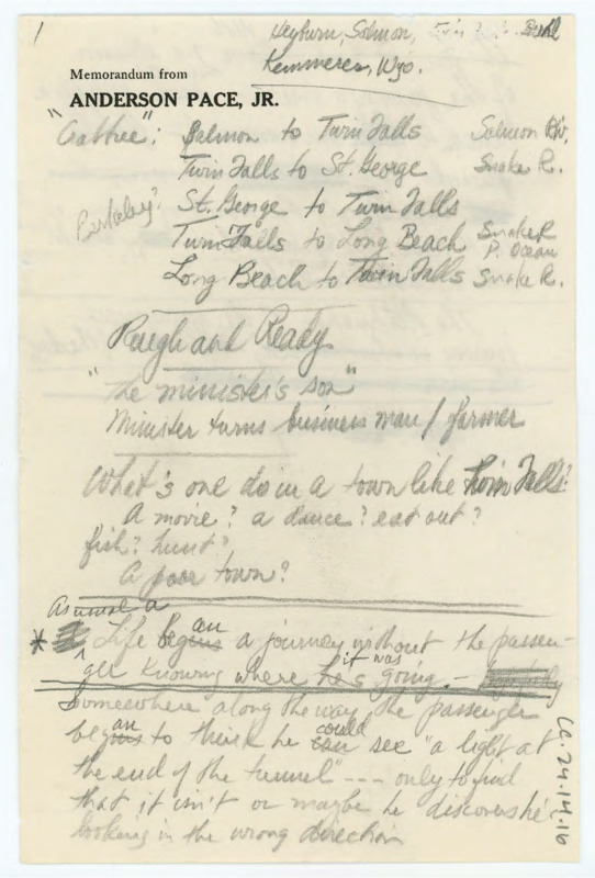 Handwritten notes on paper printed with Anderson Pace's name. Notes appear to be regarding the life of Donald Crabtree.