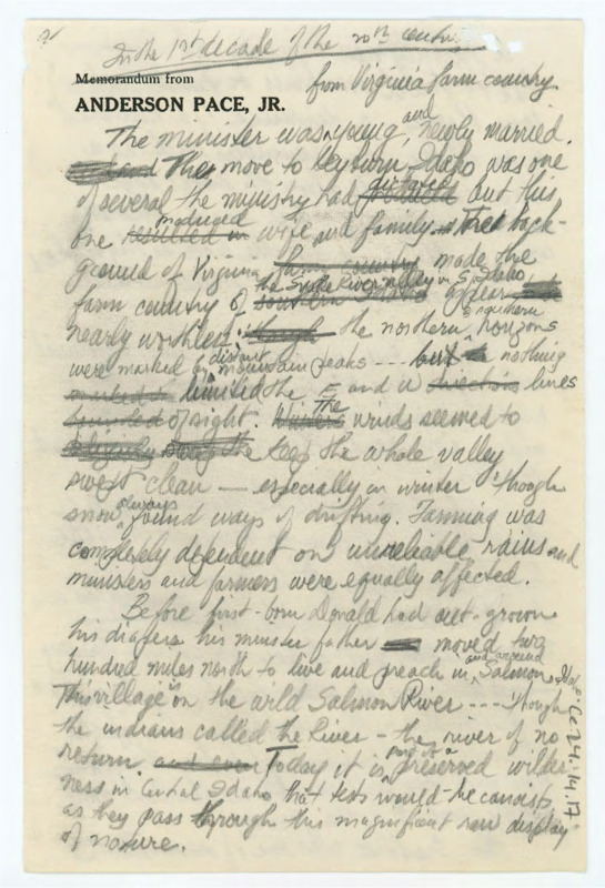 Handwritten notes on paper printed with Anderson Pace's name. Notes appear to be regarding the early life of Donald Crabtree.