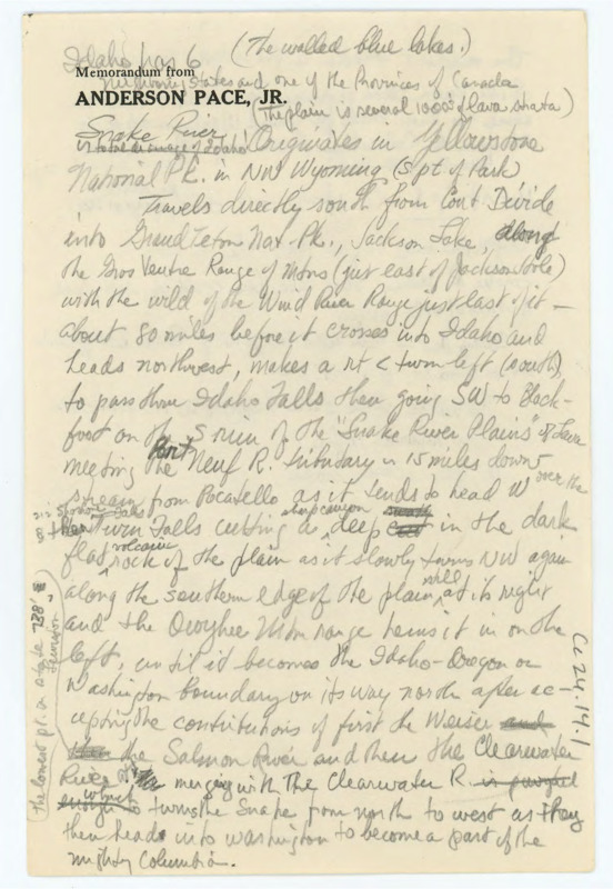 Handwritten notes on paper printed with Anderson Pace's name. Notes appear to be regarding the natural landscape of Idaho.