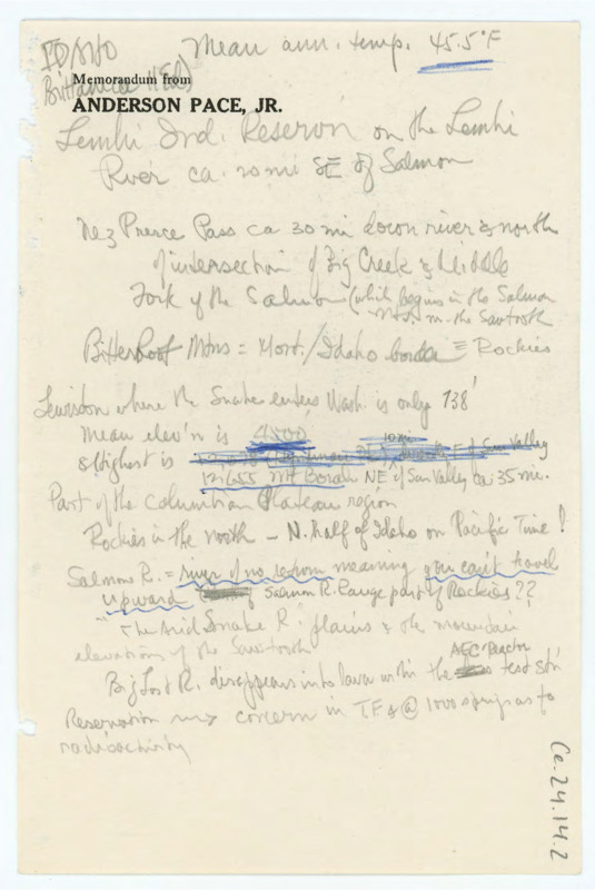 Handwritten notes on paper printed with Anderson Pace's name. Notes appear to be regarding the natural landscape of Idaho.