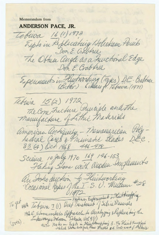 Handwritten notes on paper printed with Anderson Pace's name. Notes appear to be regarding the publications of Donald Crabtree.