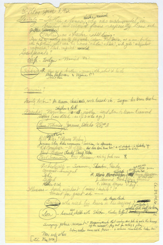 Handwritten notes detailing various aspects of Crabtree's life. It was probably written after his death to prepare obituaries and biographies.