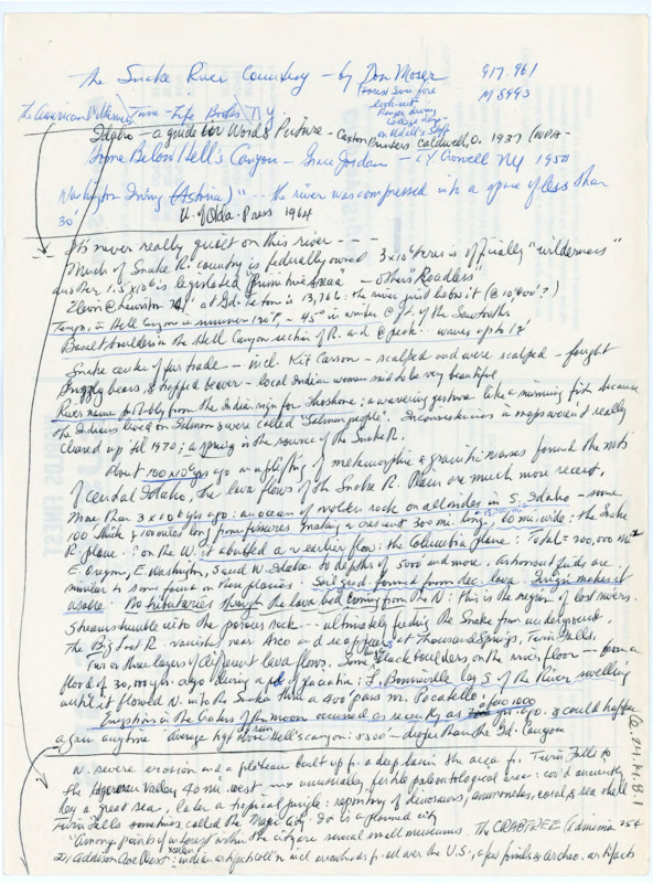 Handwritten notes that appear to be regarding the natural landscape of Idaho.