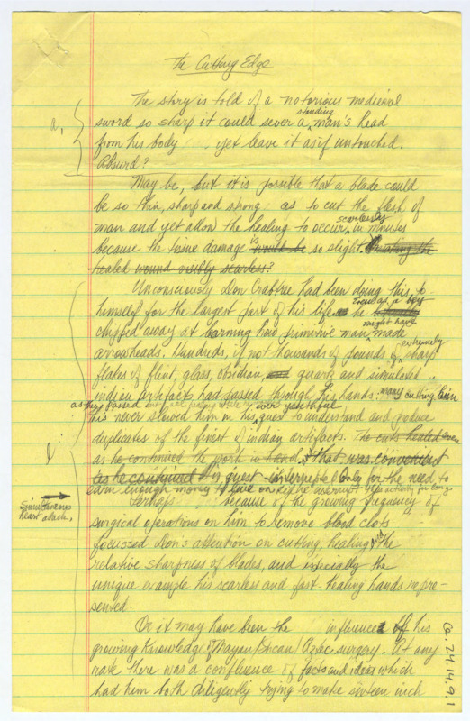 Handwritten draft of what appears to be a film concept titled "The Cutting Edge" that is about flintknapping and Crabtree's life.