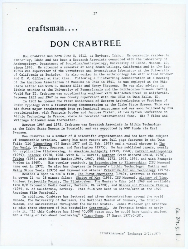 Typewritten biography of Donald Crabtree that was published in the Flintknapper's Exchange