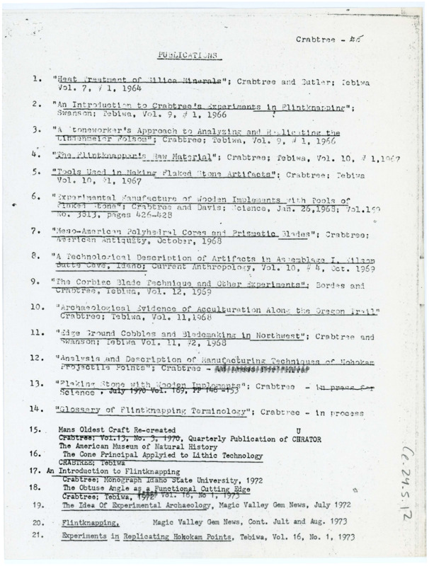 Typewritten list of Donald Crabtree's publications.