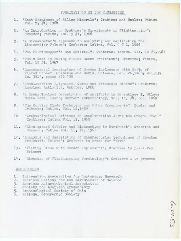 Typewritten list of Donald Crabtree's publications and memberships.