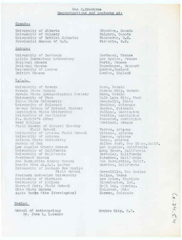 Typewritten list of Donald Crabtree's demonstrations and lectures locations.