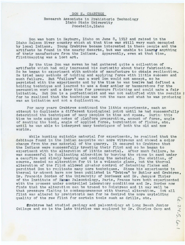 Typewritten biography of Donald Crabtree with a list of publications.