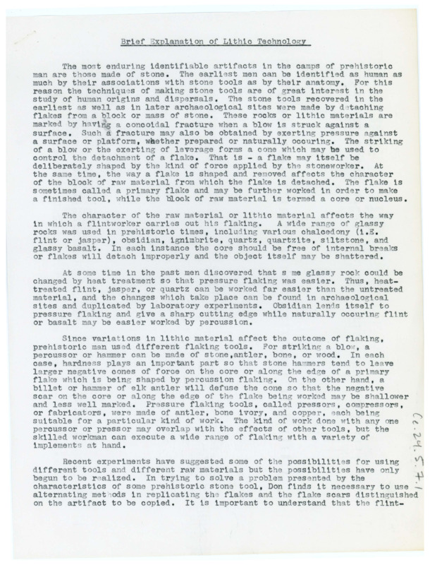 Typewritten excerpt from the paper "Flaking Stone with Wooden Implements" by Earl Swanson, written by Donald Crabtree.