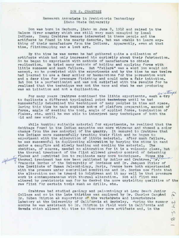 Typewritten biography of Donald Crabtree with handwritten notes for edits.