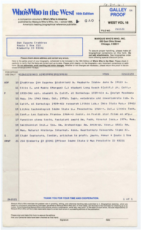 Typewritten form from Who's Who in the West requesting that Crabtree confirm the information on his biography that they have on file.