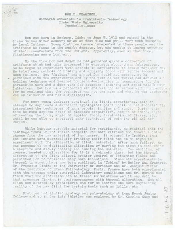 Typewritten biography of Donald Crabtree with a complete list of films, books, publications, and lectures and demonstrations.