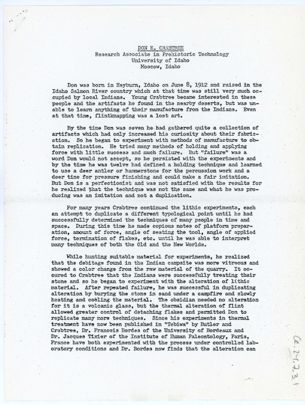 Typewritten biography of Donald Crabtree with a complete list of films, books, publications, and lectures and demonstrations.