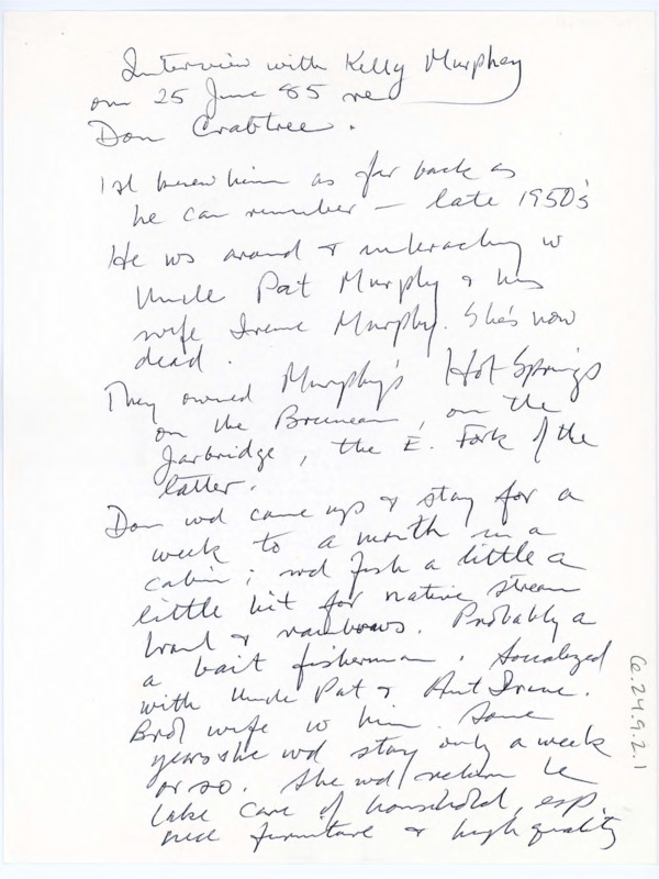 Handwritten interview answers from Kelly Murphey regarding Donald and Evelyn Crabtree.