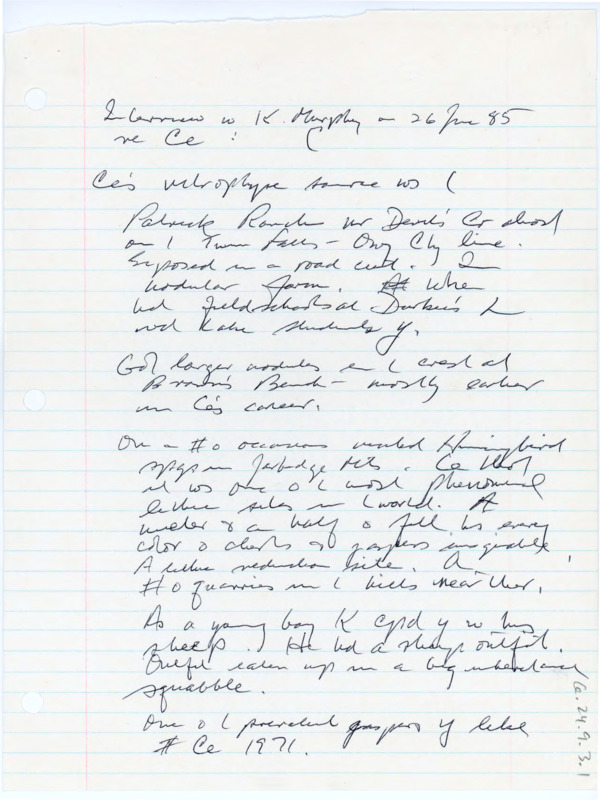 Handwritten interview answers from Kelly Murphey regarding the collection of artifacts.