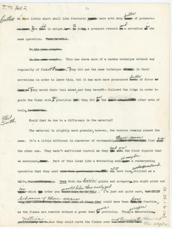 Marked up transcript of conversation between Donald Crabtree, Francois Bordes, Irving, Jacques Tixier, and Jeremiah Epstein. They discuss flintknapping technique, lithic technology past practices, and they analyze lithic artifacts for flintknapping evidence and analysis.