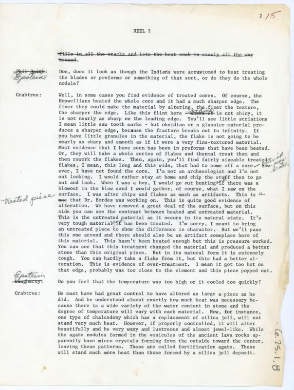 Transcript of conversation between Jeremiah Epstein and Donald Crabtree. They discuss heat treatment of Native American lithic technology.