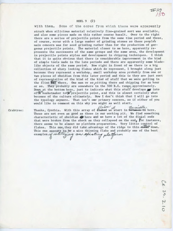 Transcript of conversation between Cynthia Irwin Williams and Donald Crabtree. They discuss a collection of lithic artifacts and analyze their lithic technology evidence. Page contains some handwritten edits.