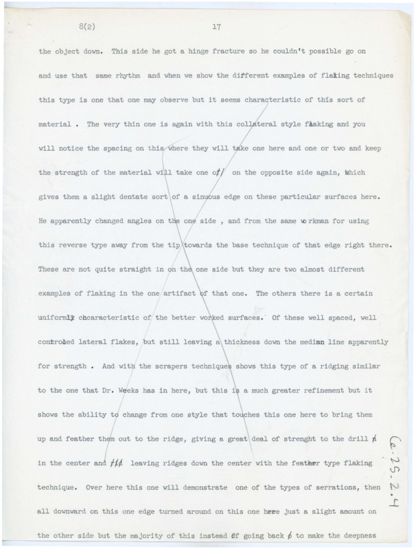 Transcript from Les Eyzies discussing flintknapping technique and deciphering evidence in lithic technology. Letter has an X over the page.