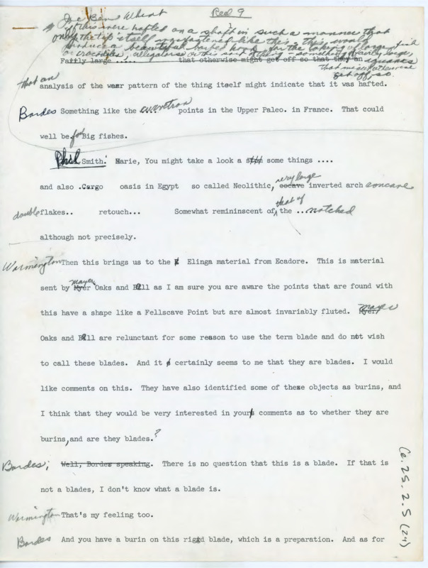 Transcript of conversation between Francois Bordes, Marie Wormington, Phil Smith, Denise Sonneville Bordes, Cambier, William Irving, Irwin Williams, Jeremiah Epstein, and Donald Crabtree. They discuss flintknapping, lithic technology, and how analysis of lithic artifacts.