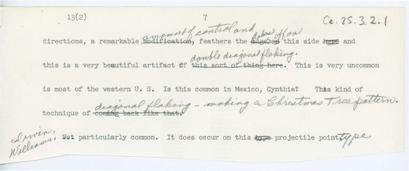 Transcript notes from Cynthia Irwin Williams and another unidentified person. They discuss flintknapping evidence of a lithic artifact.