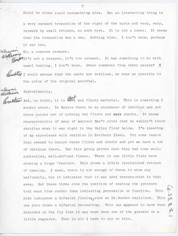 Transcript of conversation between Irwin Williams, Donald Crabtree, Francois Bordes, Jelenick, Jacques Tixier, and Byers. They discuss lithic technology identification, flintknapping, and artifact analysis. They are looking at an artifact and trying to determine the flintknapping technique based on physical evidence.