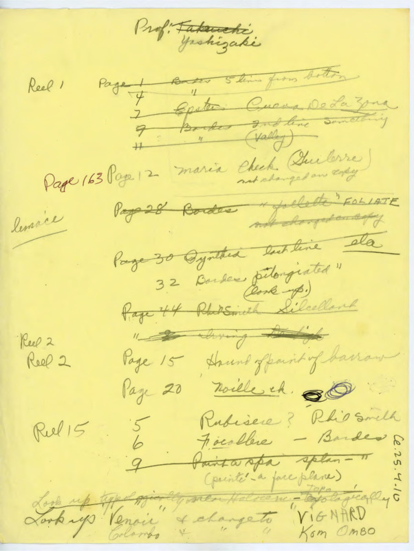 Handwritten rough draft of the table of contents for the Les Eyzies conference transcript. Includes reel numbers.