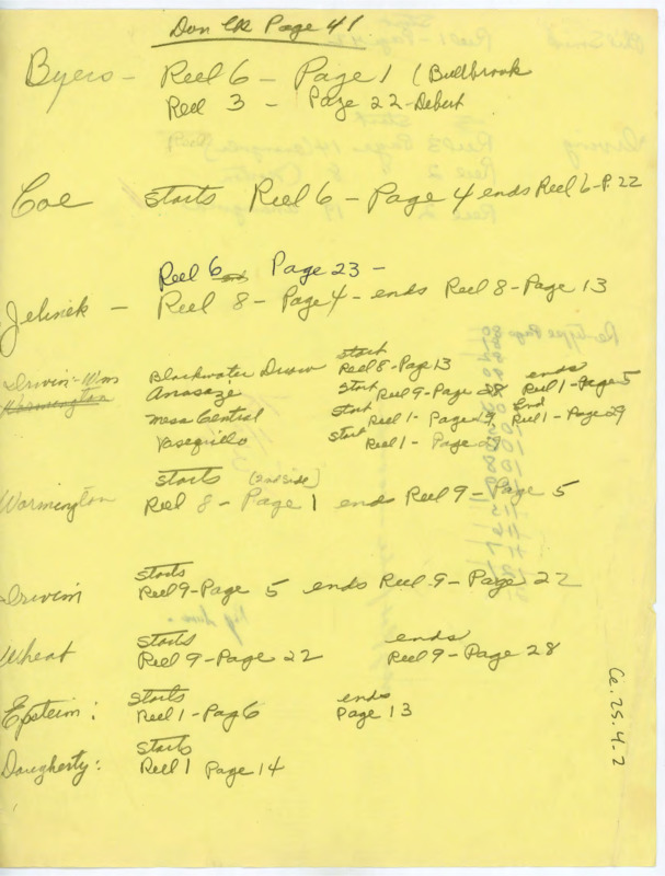 Handwritten list of page numbers and reel numbers for the Les Eyzies conference film. List corresponds with the film's transcript.